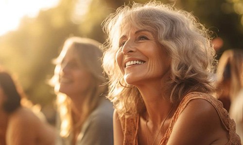 Senior woman smiling with group of friends outside