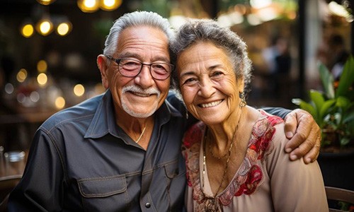 Senior couple smiling at restaurant outside