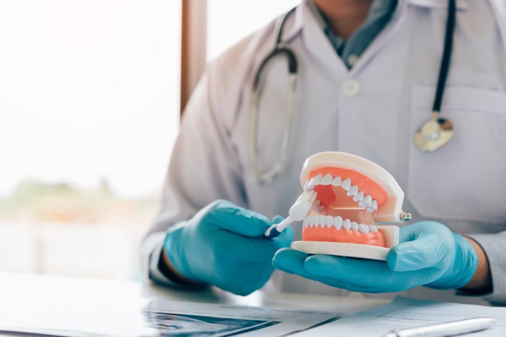 Dentist demonstrating how to clean dentures